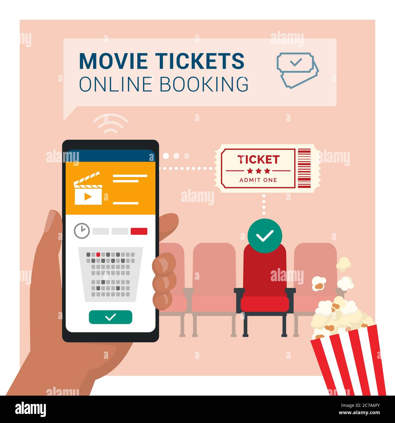 Prenotazione online di biglietti per il cinema sull'app per smartphone: Mano con un telefono cellulare e acquisto di un biglietto, posti cinema in background Illustrazione Vettoriale
