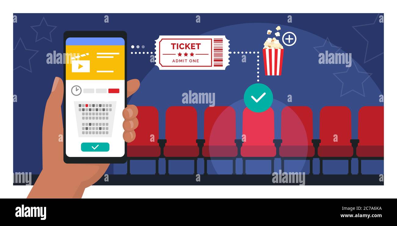 Prenotazione online di biglietti per il cinema sull'app per smartphone: Mano con un telefono cellulare e acquisto di un biglietto, posti cinema in background Illustrazione Vettoriale