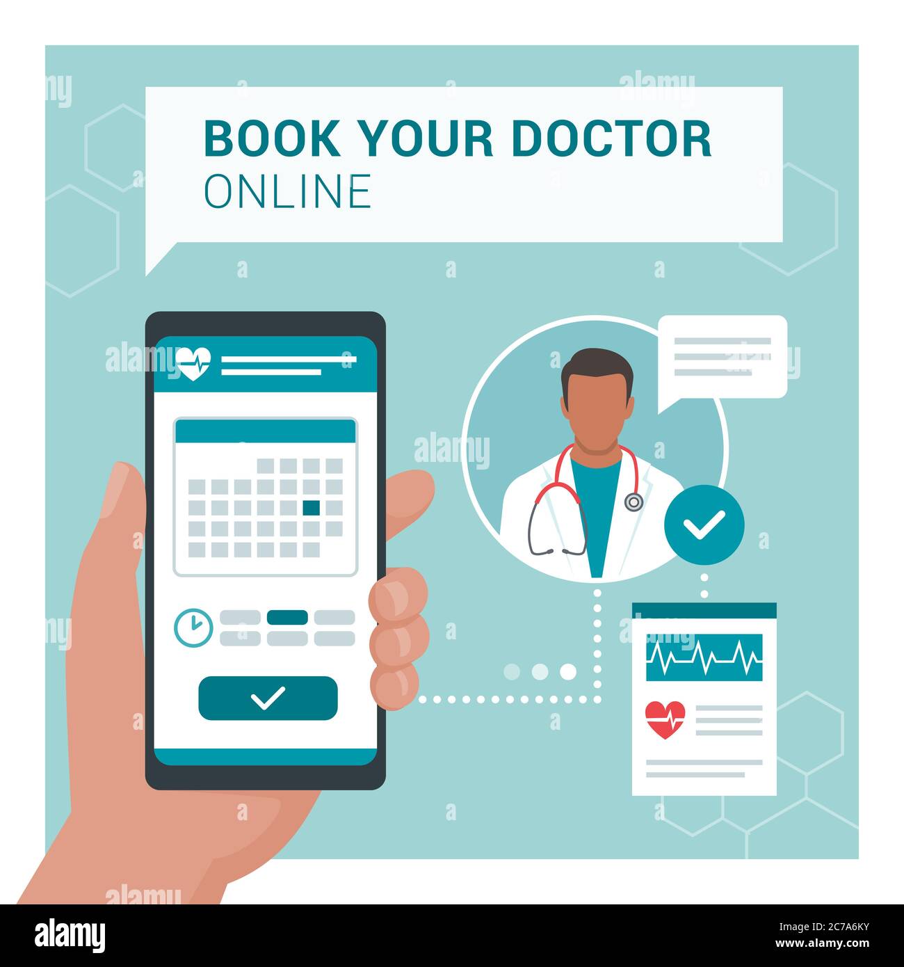 Prenota il tuo medico online: Il paziente prenota il suo appuntamento con un medico utilizzando un'app mobile, un concetto di salute e tecnologia Illustrazione Vettoriale
