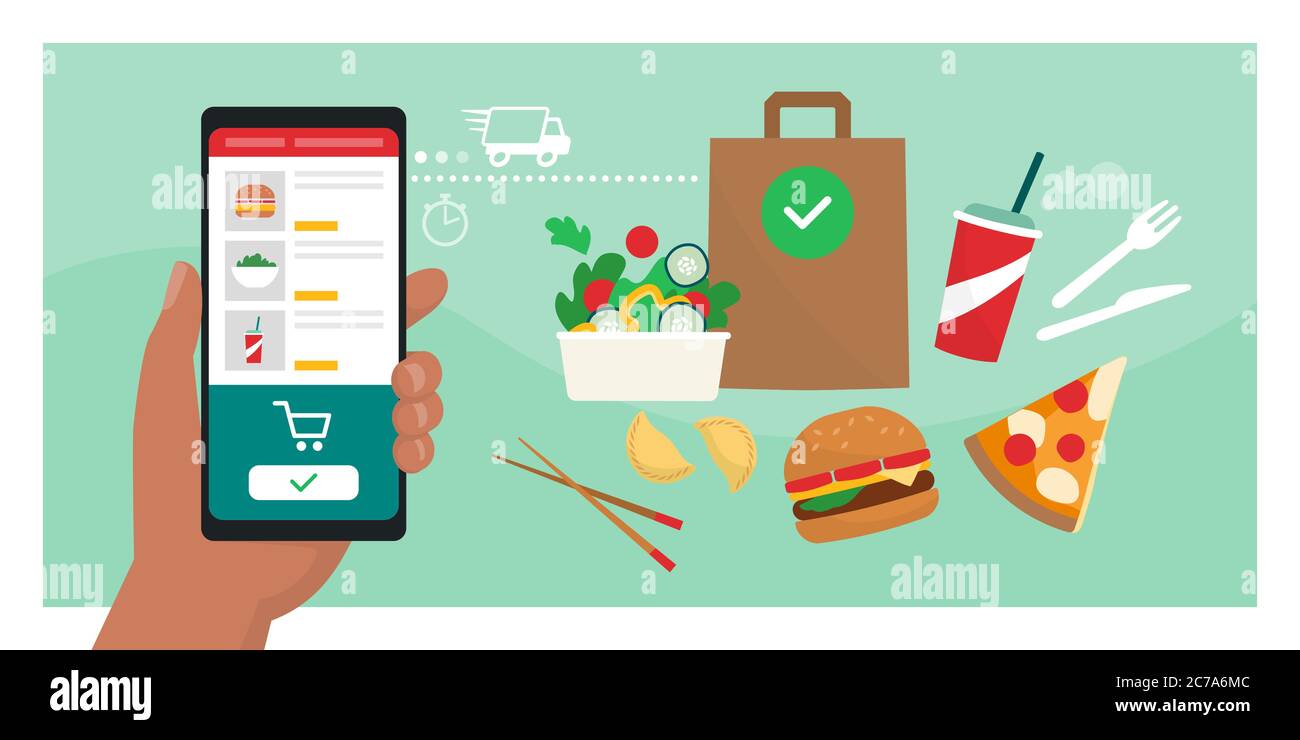 Consegna di cibo online: L'utente ordina un pasto pronto utilizzando un'app mobile, cibo fresco delizioso in background Illustrazione Vettoriale