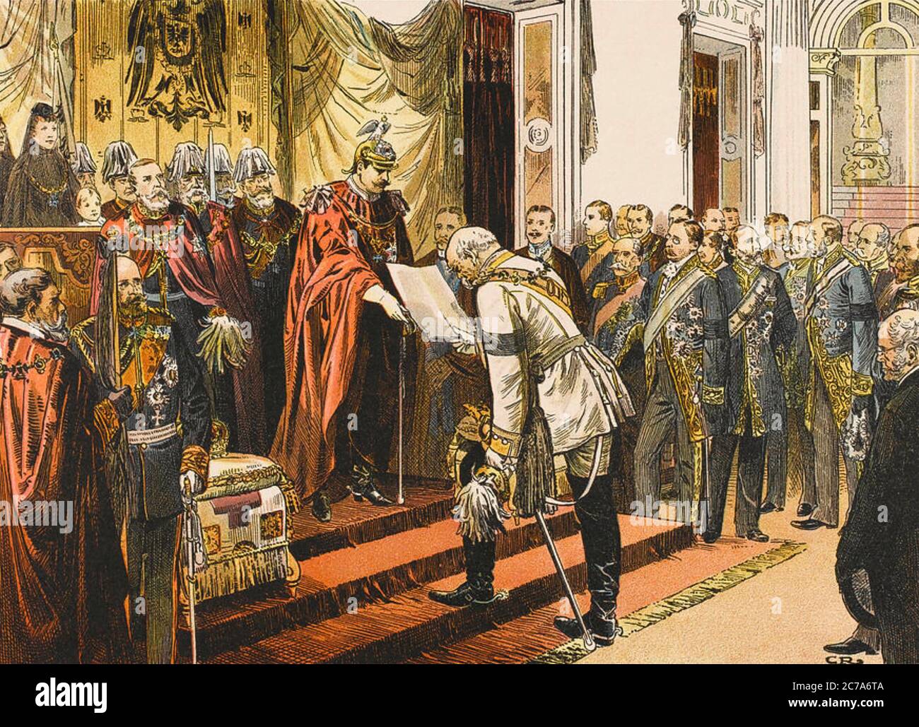 WILHELM II (1859-1941) apre il Reichstag nel 1871 con Bismarck in uniforme bianca Foto Stock