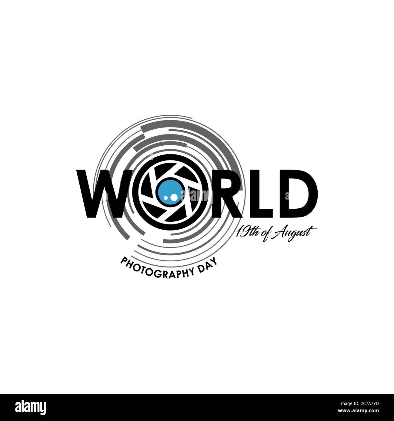 Illustrazione vettoriale della giornata mondiale della fotografia. Agosto 19. Obiettivo della telecamera in forma astratta. Illustrazione Vettoriale