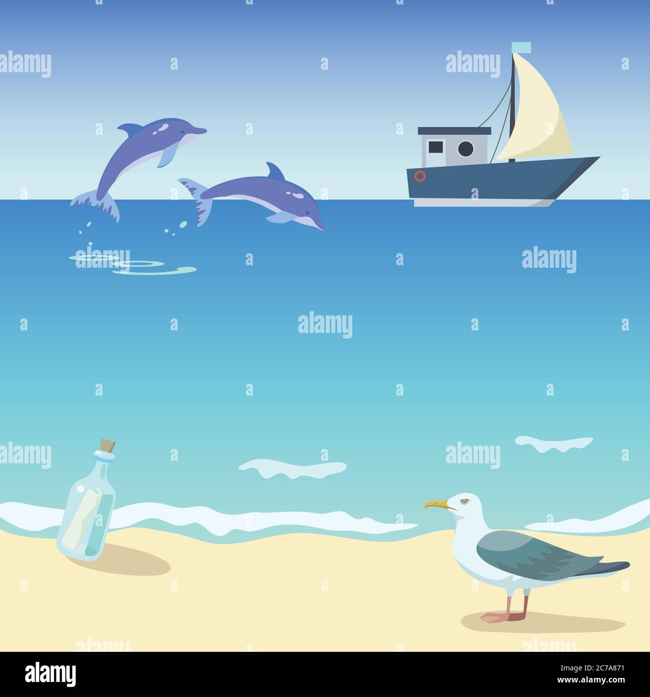 Nave in mare con delfini, bottiglia e gabbiano. Illustrazione vettoriale. Illustrazione Vettoriale