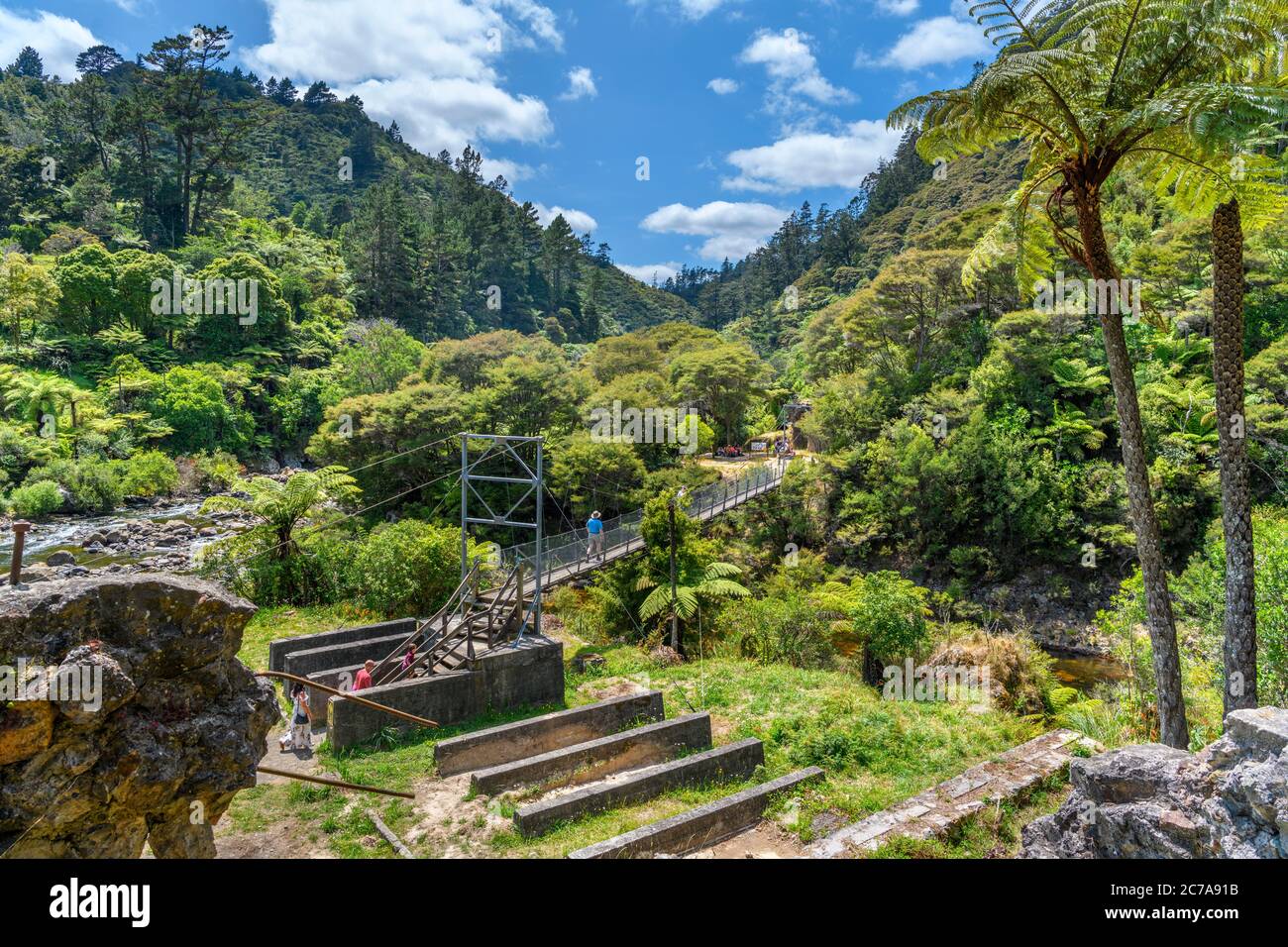 Passerella sul fiume Waitawheta, la storica passerella della gola di Karangahake, la gola di Karangahake, l'Isola del Nord, la Nuova Zelanda Foto Stock