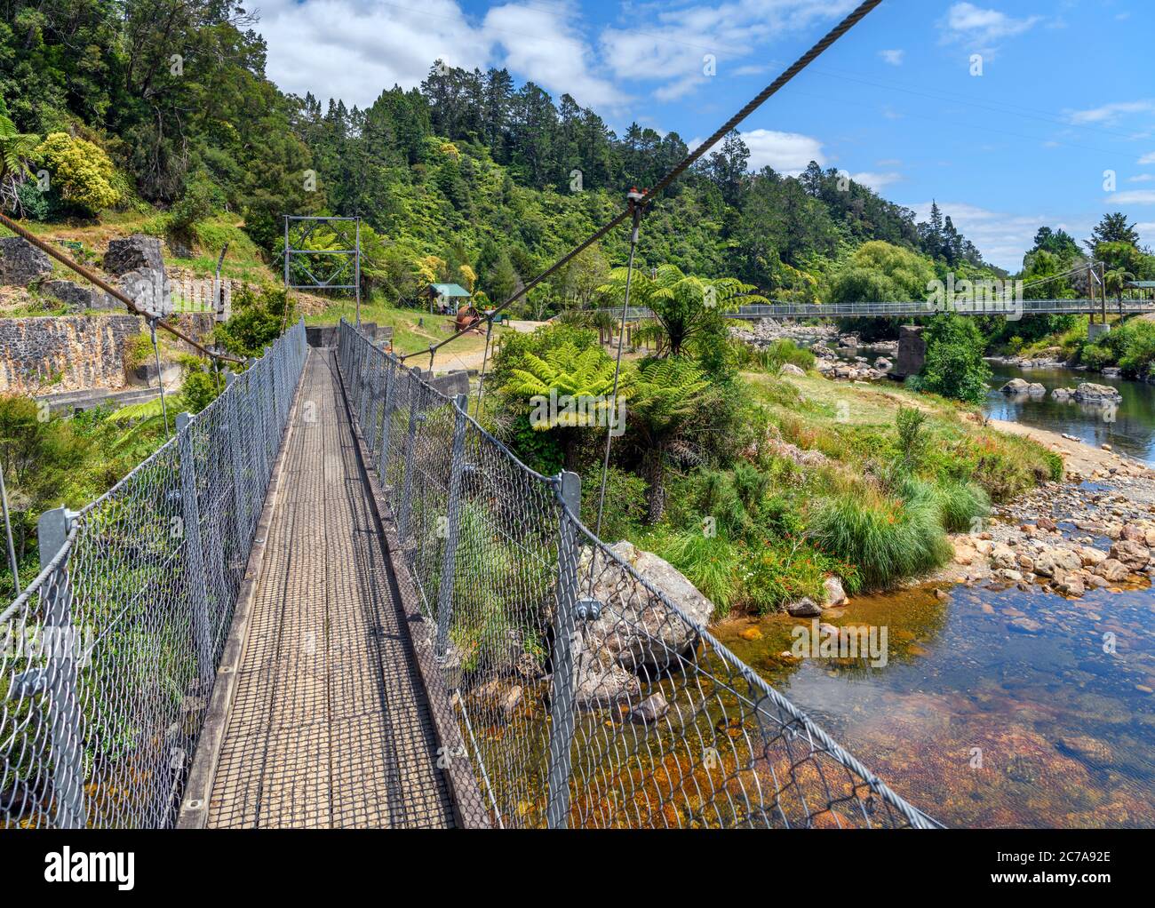 Passerella sul fiume Waitawheta, la storica passerella della gola di Karangahake, la gola di Karangahake, l'Isola del Nord, la Nuova Zelanda Foto Stock