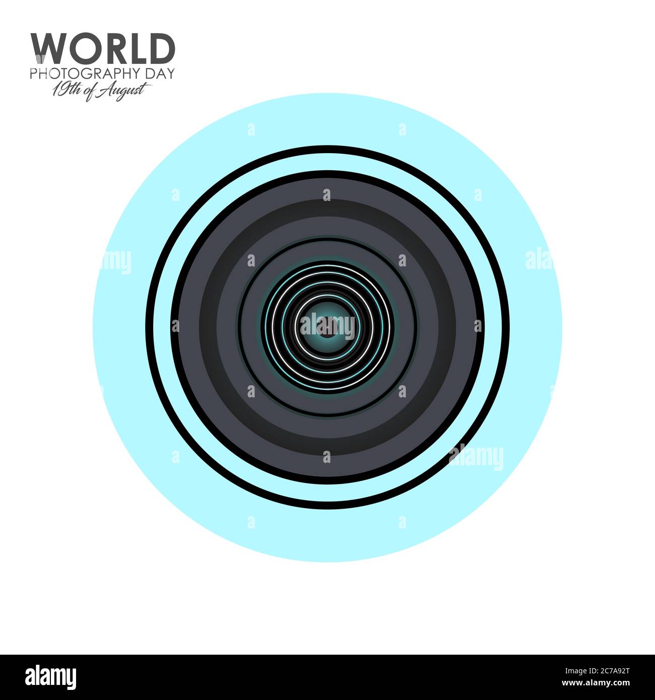Illustrazione vettoriale della giornata mondiale della fotografia. Agosto 19. Obiettivo della telecamera in forma astratta. Illustrazione Vettoriale