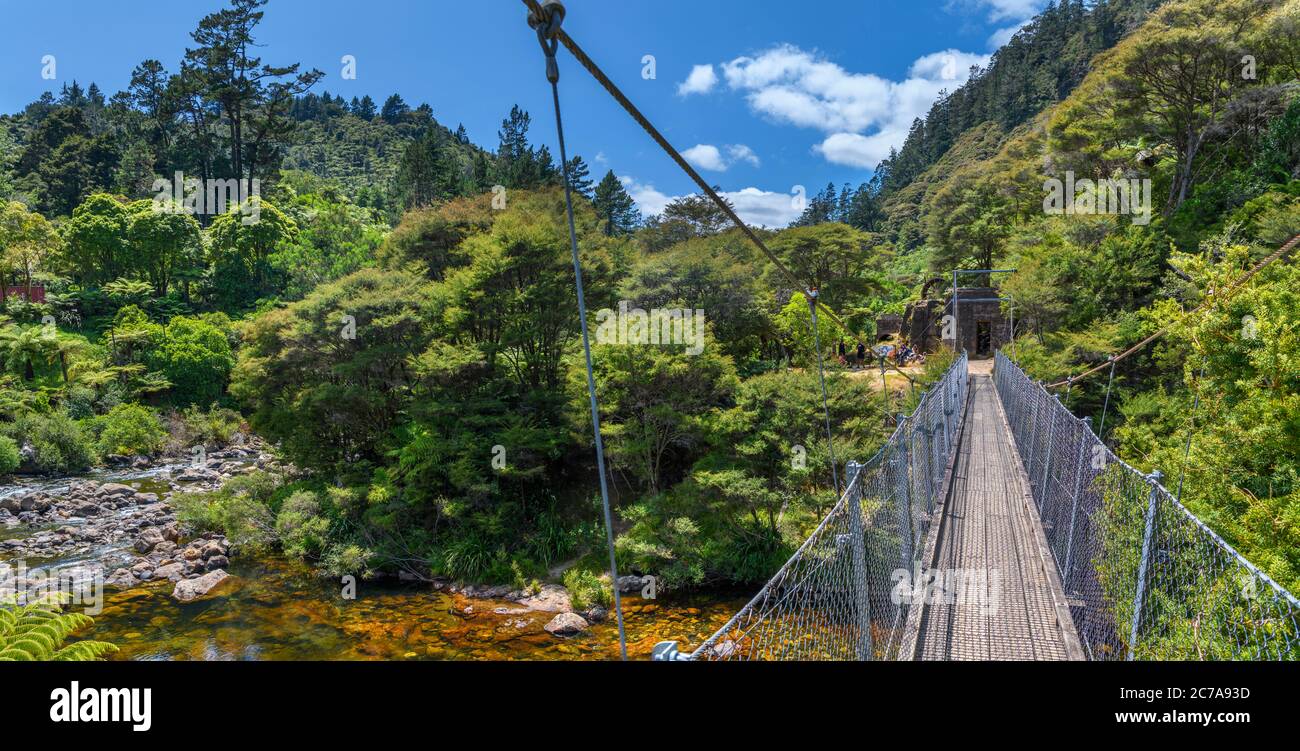 Passerella sul fiume Waitawheta, la storica passerella della gola di Karangahake, la gola di Karangahake, l'Isola del Nord, la Nuova Zelanda Foto Stock