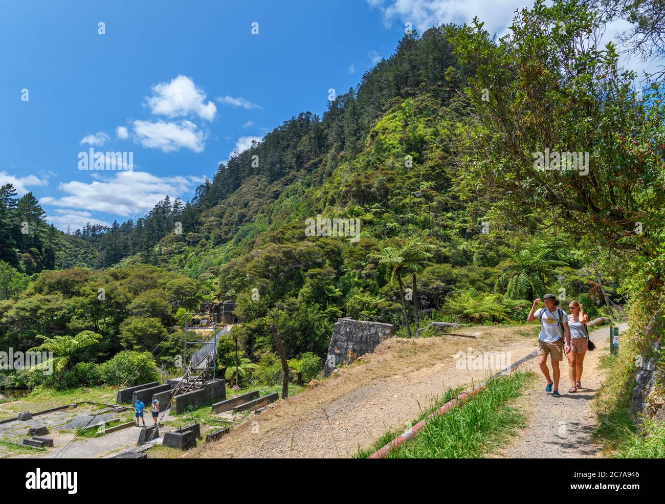 Passeggiate su un sentiero lungo il fiume Ohinemuri, Karangahake Gorge Historic Walkway, Karangahake Gorge, North Island, Nuova Zelanda Foto Stock