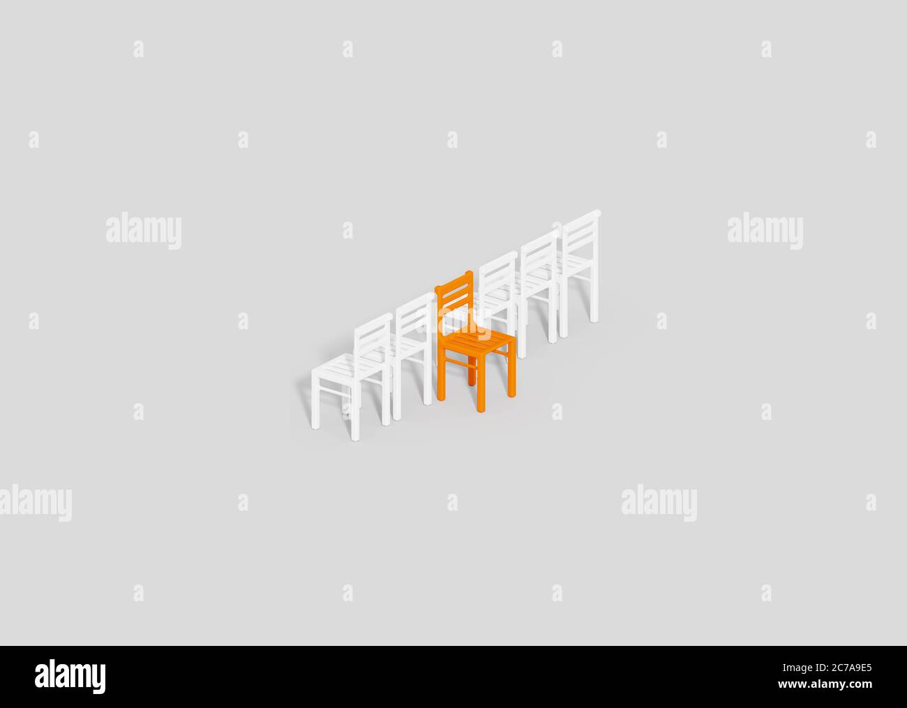 Sedia in piedi di fronte a una fila di sedie bianche, s che si staglia idea di concetto di temper sfondo, illustrazione isometrica 3D Foto Stock