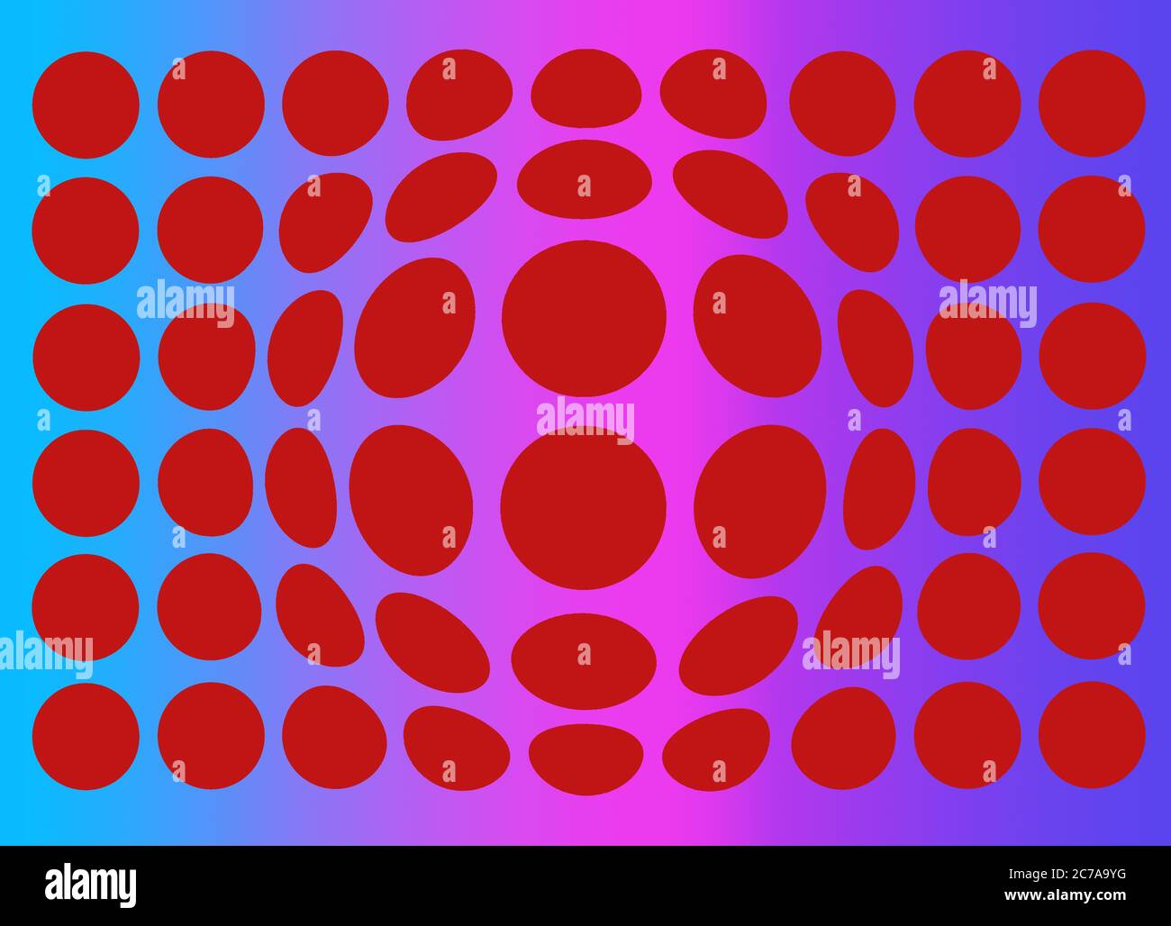 Motivo a punti polka rosso con sfera che esce su sfondo sfumato blu, rosa e viola. Foto Stock