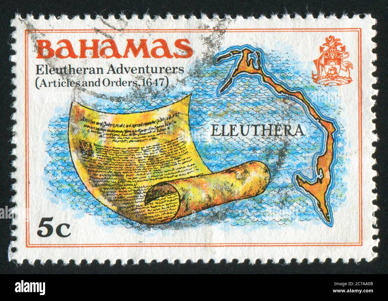 BAHAMAS - CIRCA 1980: Francobollo stampato dalle Bahamas, spettacoli Articoli, 1647, Eleuthera mappa, circa 1980 Foto Stock