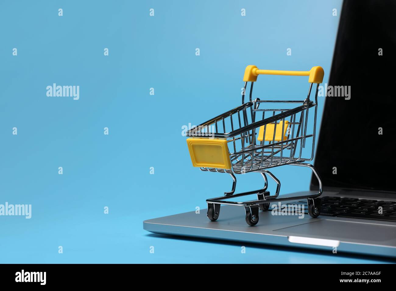 un carrello vuoto su un computer portatile. foto simbolica per lo shopping su internet. Foto Stock
