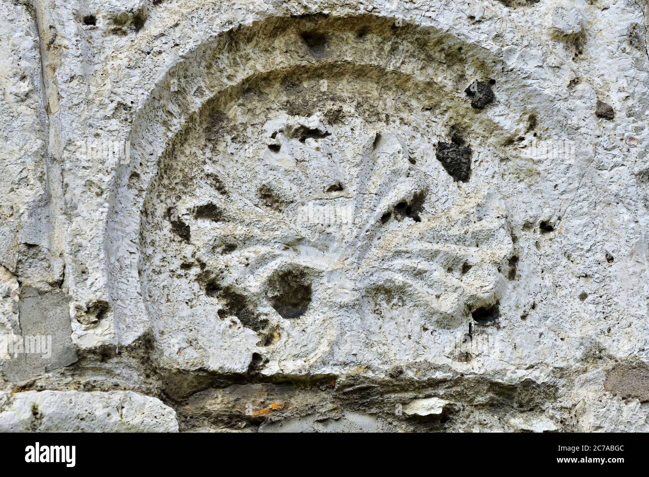 Pietra ornamento sul fregio della chiesa di San Gallo puramente romanica in forma di un fiore, Sontheim, Alb sveva, Germania, Europa, Viaggi Foto Stock