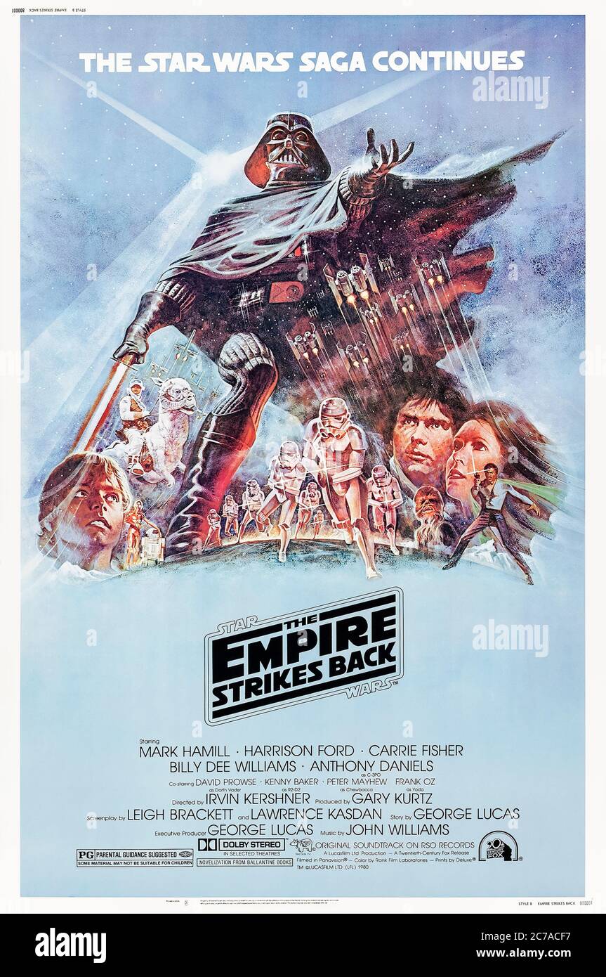 Star Wars: Episodio V - The Empire Strikes Back (1980) diretto da Irvin Kershner e interpretato da Mark Hamill, Harrison Ford, Carrie Fisher, Billy Dee Williams e Anthony Daniels. La ribellione continua con stile con colpi di scena, effetti speciali e l'introduzione di numerosi personaggi molto amati. Foto Stock