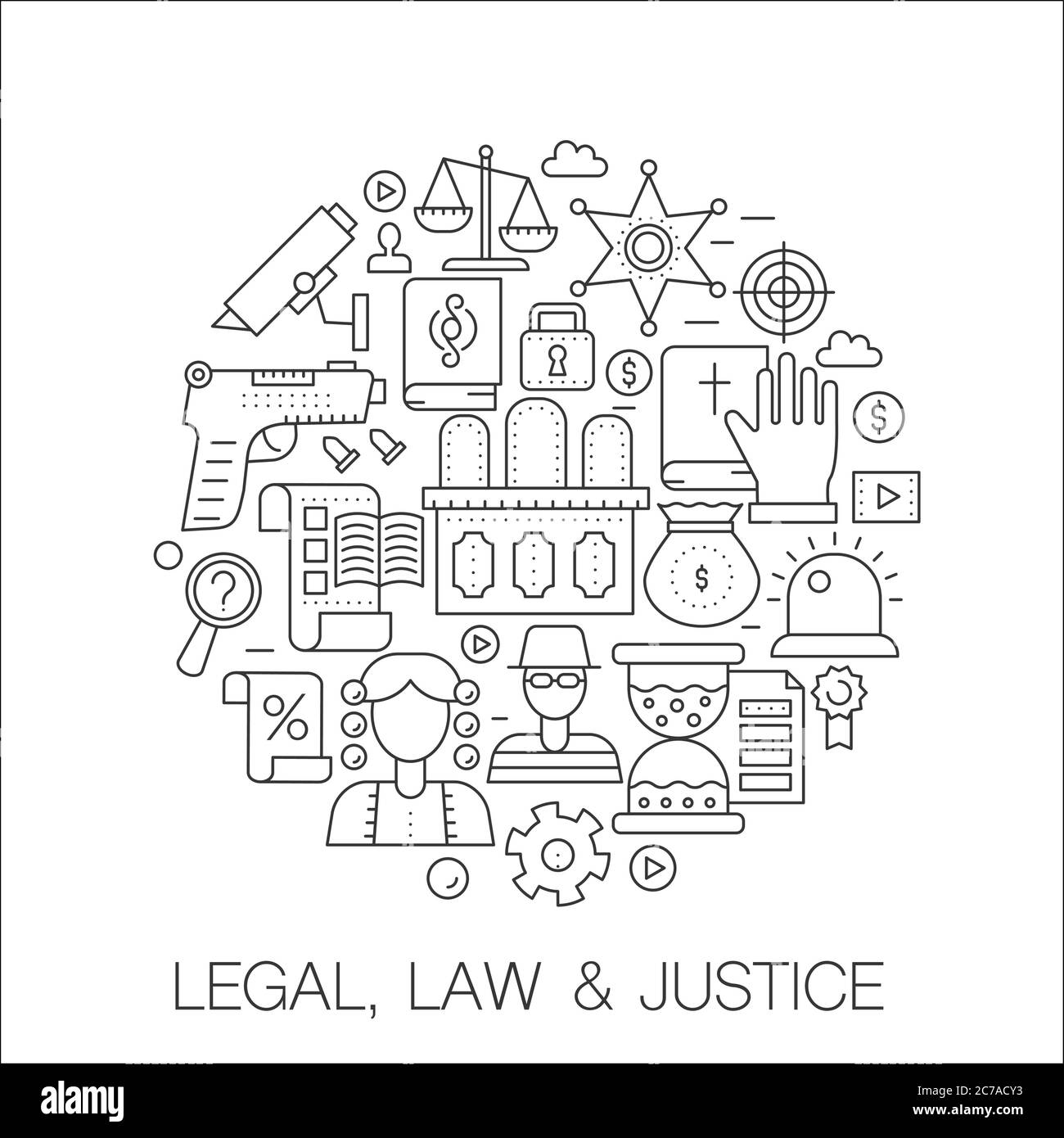 Legal, Law and Justice in Circle - illustrazione della linea di concetto per copertina, emblema, badge. Icone di tratto di linea sottile. Illustrazione Vettoriale