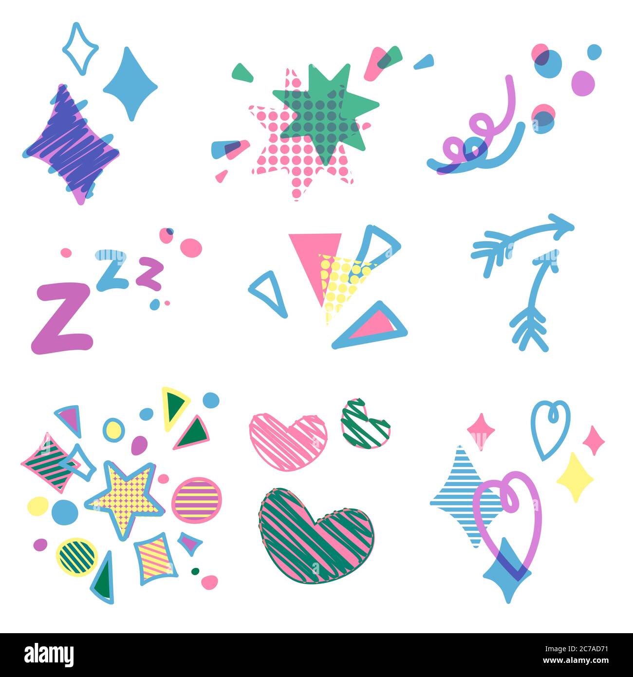 Set di elementi decorativi per feste di compleanno. Semplice disegno di icone di cartoni animati piatti. Stelle, cuori, asta, frecce Illustrazione Vettoriale