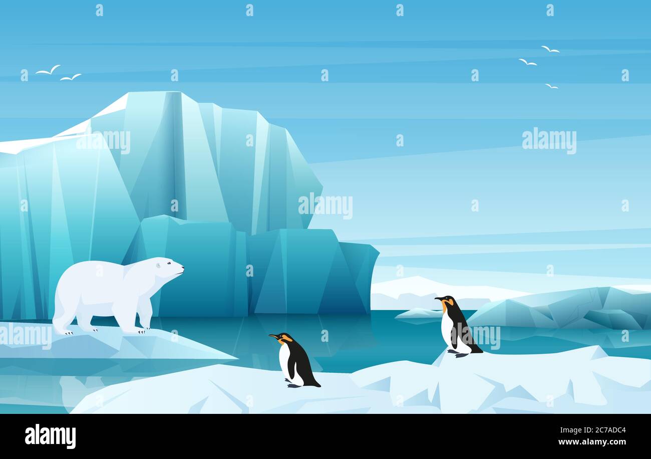 Cartoon natura inverno artico paesaggio con montagne di ghiaccio. Orso bianco e pinguini. Illustrazione vettoriale stile di gioco Illustrazione Vettoriale