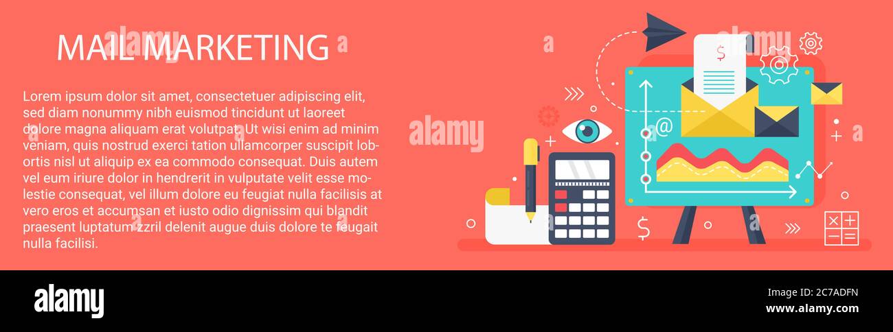 Banner di marketing Flat Modern Vector Concept Mail con icone e testo Illustrazione Vettoriale