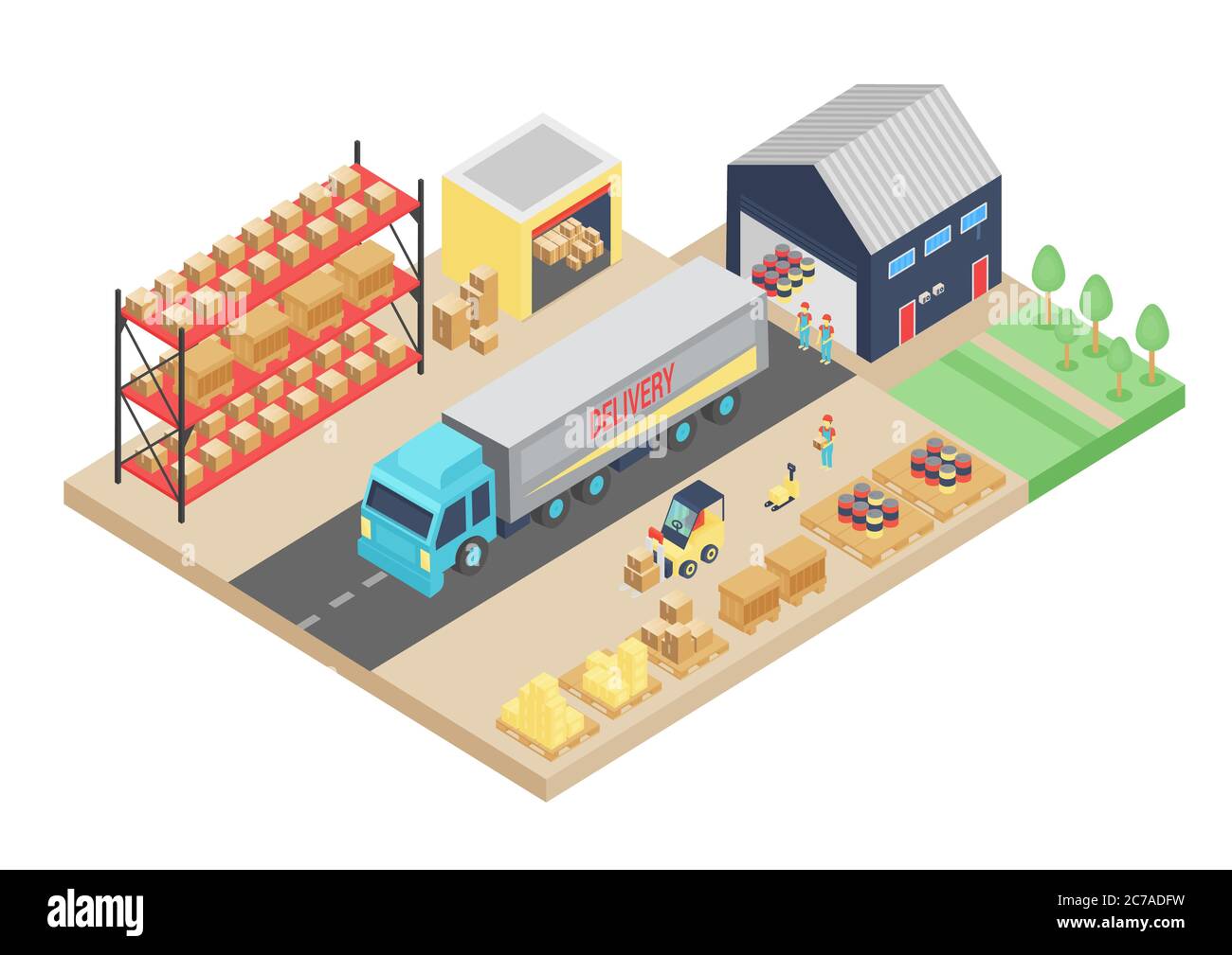 processo isometrico 3d del magazzino. Illustrazione del vettore di stoccaggio del carico. Magazzino logistico interno, edilizia, magazzino tansportation azienda di consegna Illustrazione Vettoriale