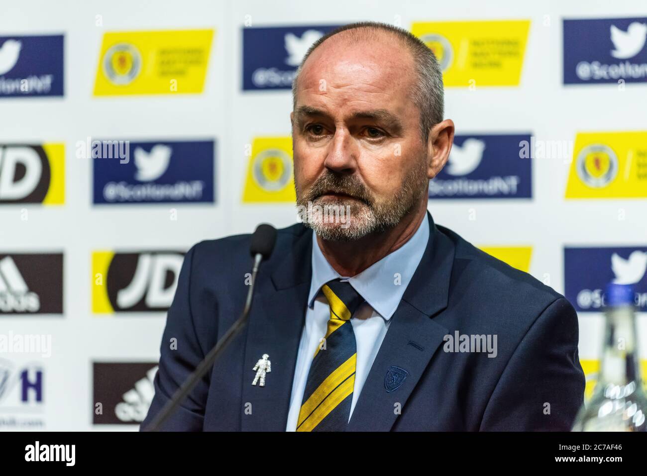Glasgow, Scozia, Regno Unito – 6 settembre 2019. Il coach della nazionale scozzese Steve Clarke durante una conferenza stampa Foto Stock