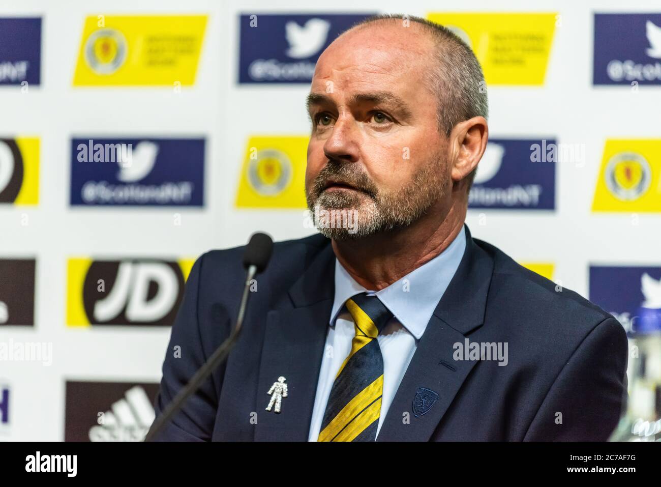 Glasgow, Scozia, Regno Unito – 6 settembre 2019. Il coach della nazionale scozzese Steve Clarke durante una conferenza stampa Foto Stock
