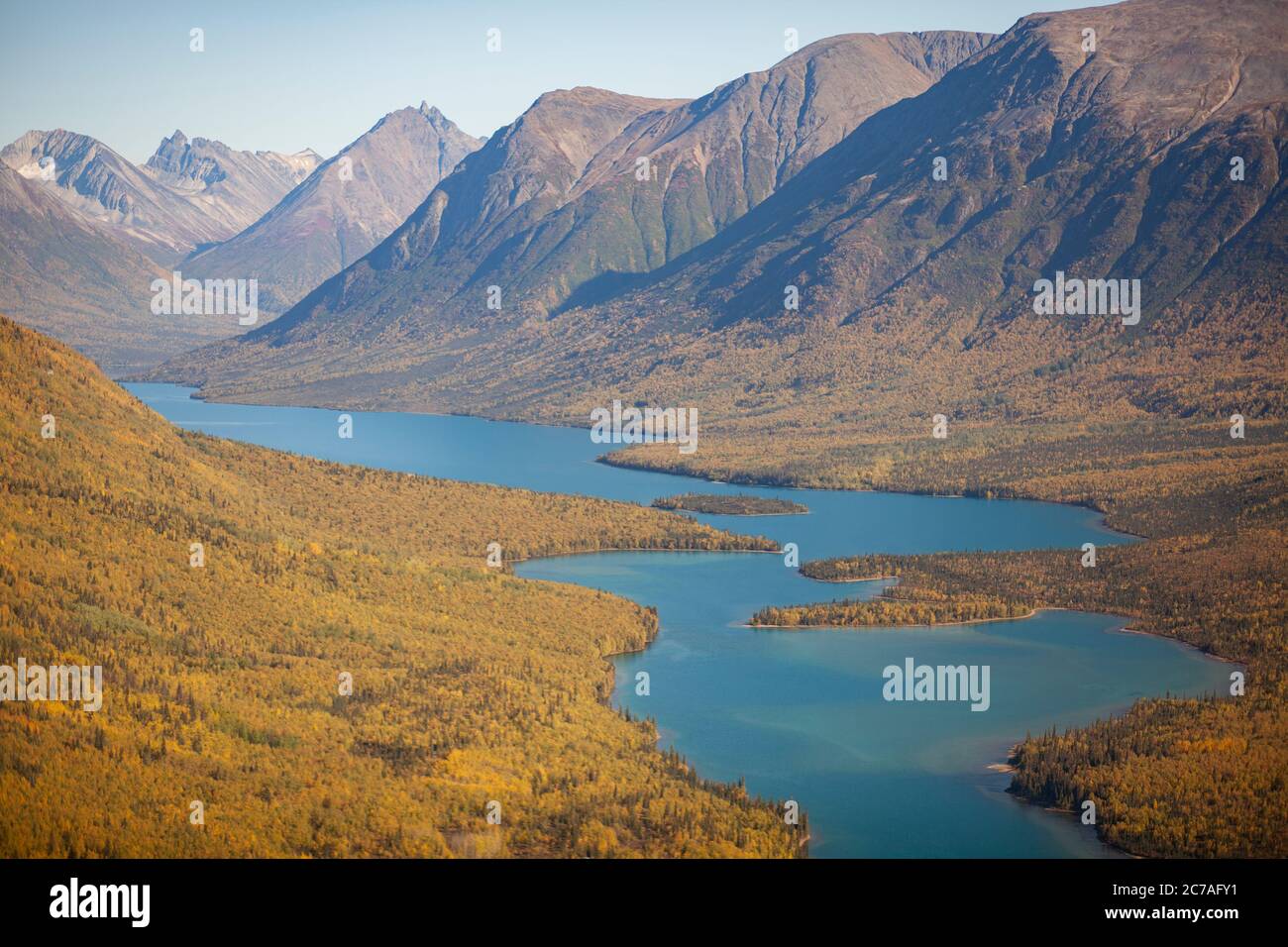 Una vista aerea mozzafiato di un fiume tortuoso annidato tra aspre montagne e foreste autunnali dorate nella natura selvaggia incontaminata dell'Alaska. Foto Stock