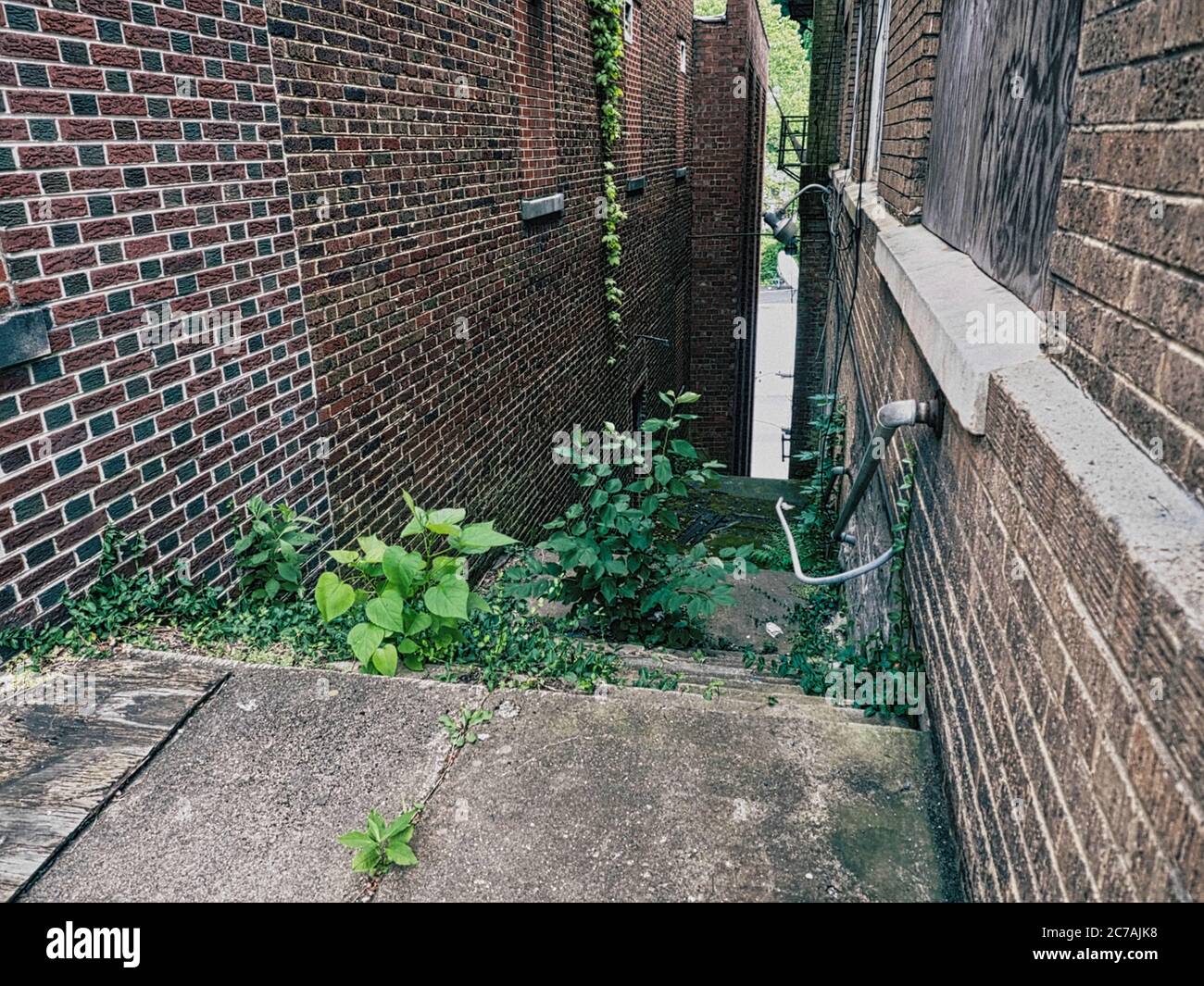 Una vecchia scalinata tra 2 edifici in mattoni Foto Stock