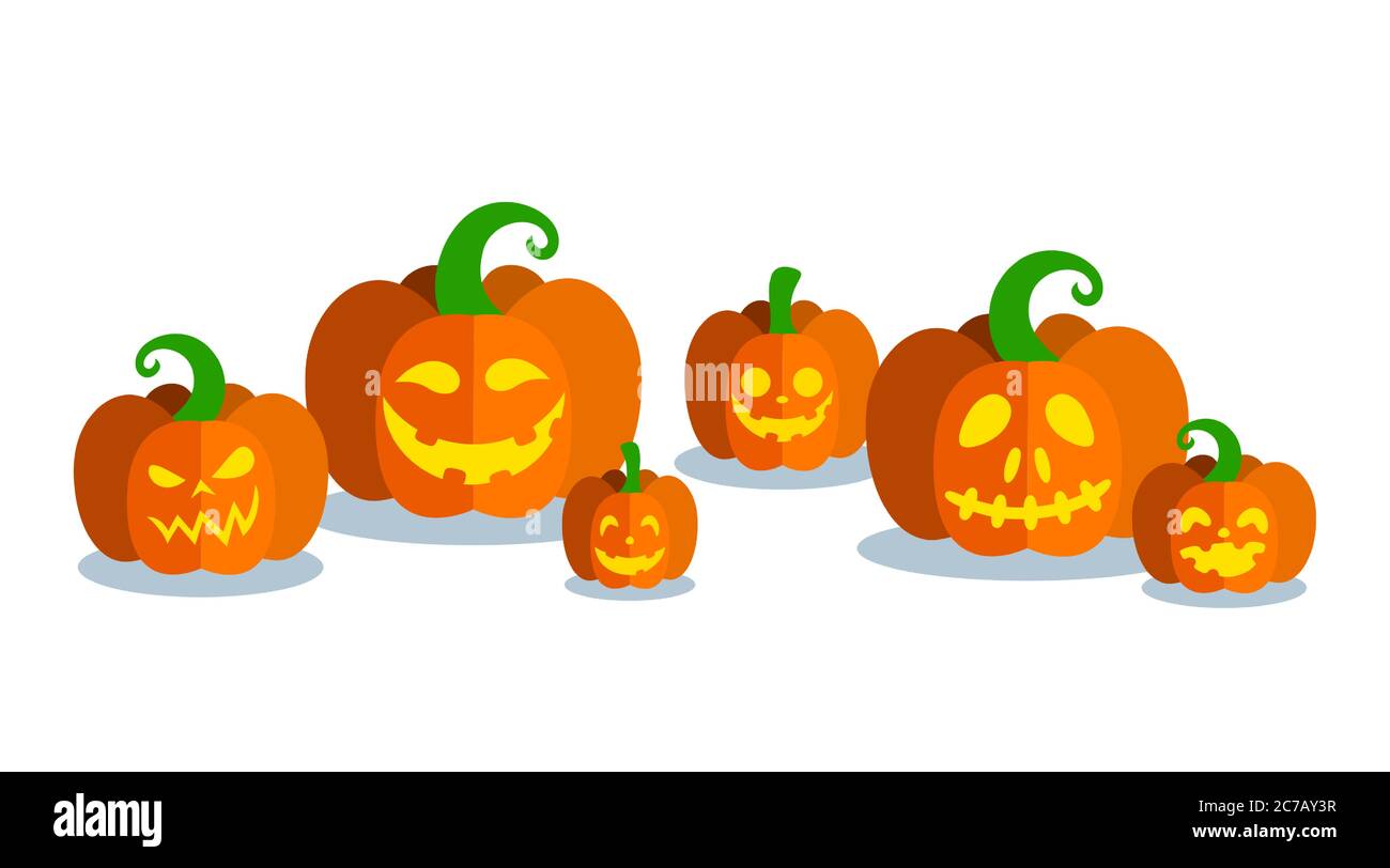 Zucche di Halloween di forme diverse con facce intagliate. Banner orizzontale con zucche. Illustrazione vettoriale per la festa di Halloween. Illustrazione Vettoriale
