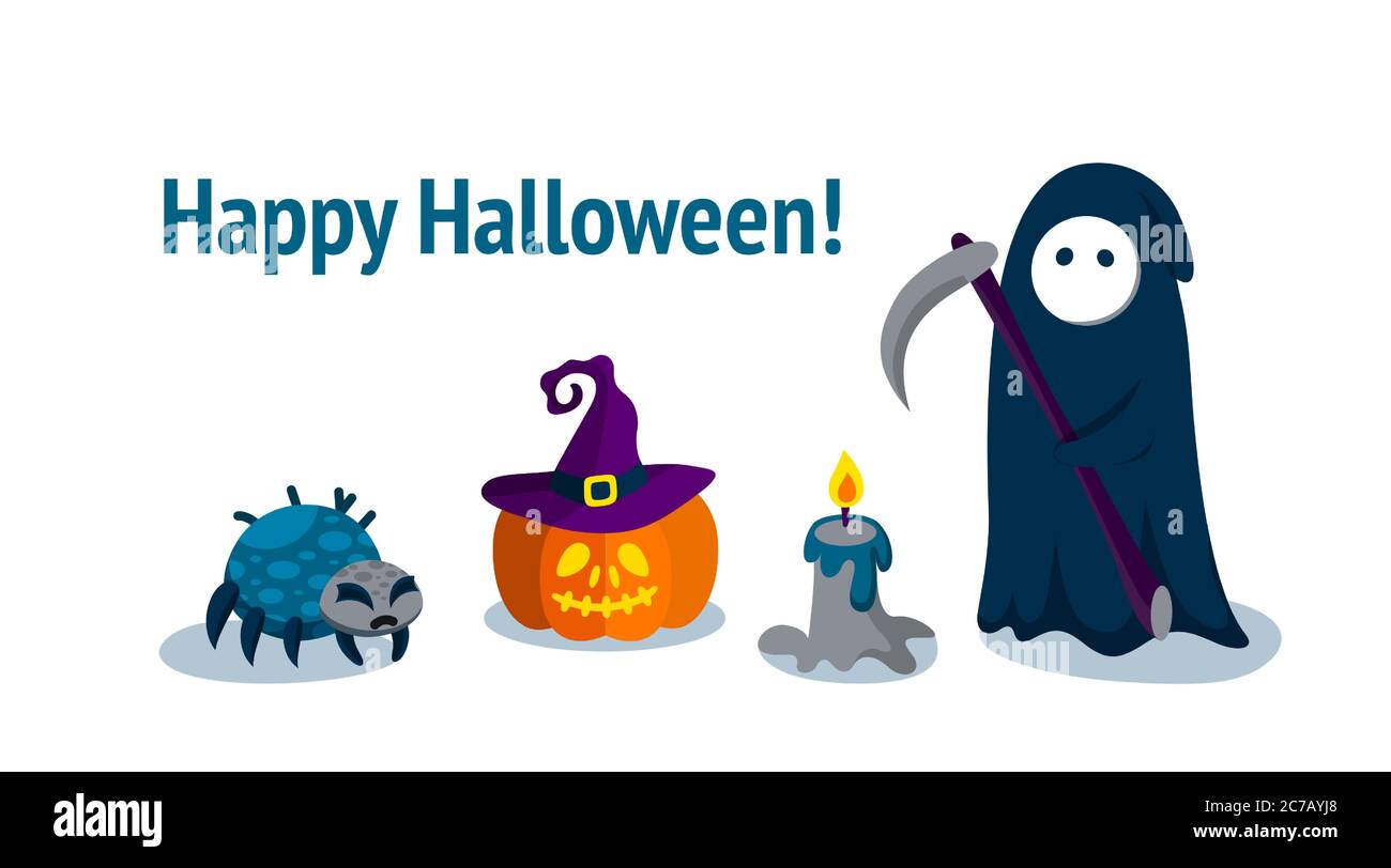 Banner di saluto orizzontale con caratteri Halloween. Zucca, ragno e il Reaper del Grim. Illustrazione vettoriale per la festa di Halloween. Illustrazione Vettoriale