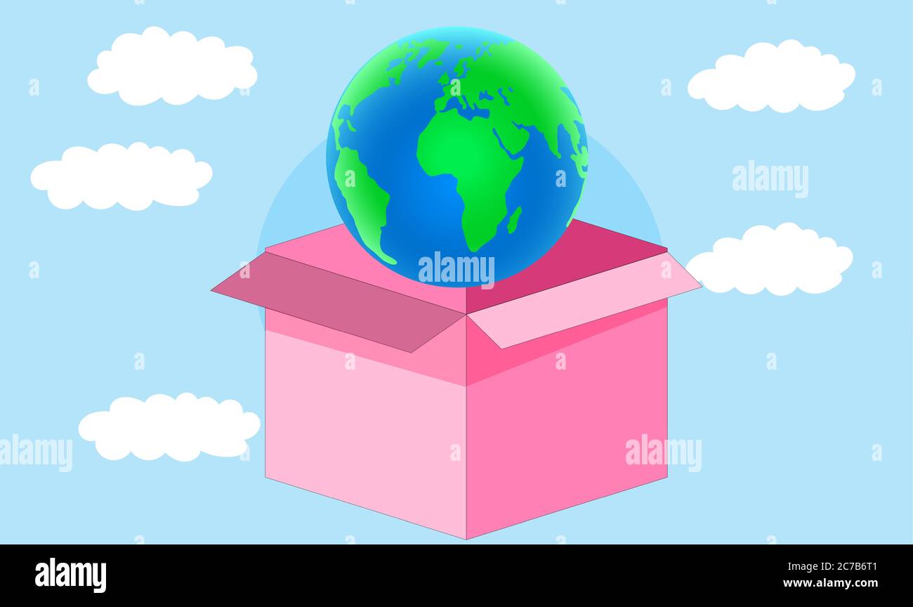 globo terrestre che si dispugica dalla scatola nelle nuvole Illustrazione Vettoriale