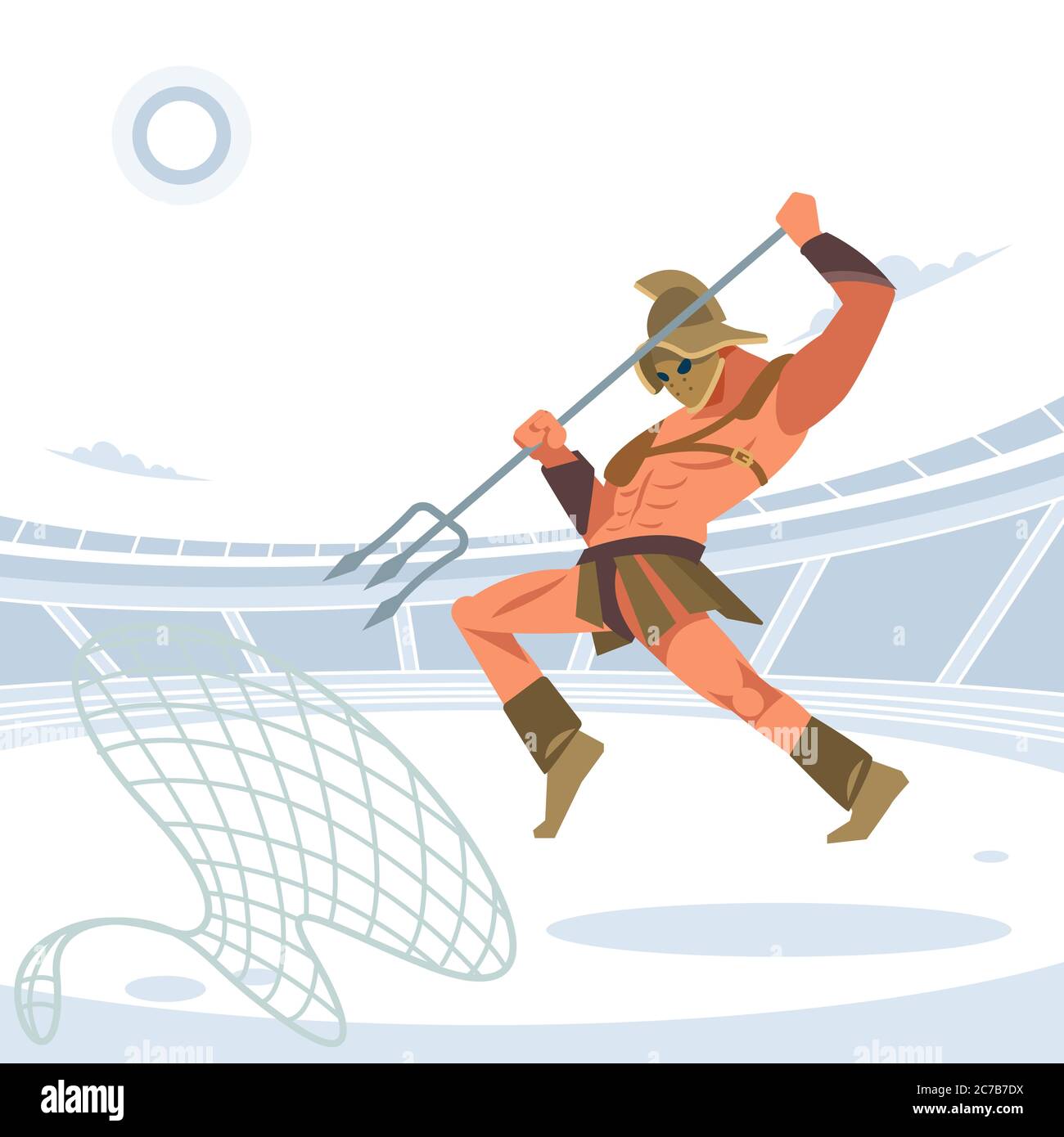 Il guerriero pensiario Gladiatore nell'arena con una griglia e un Trident salta sul nemico catturato. Illustrazione vettoriale isolata. Stile cartoon piatto Illustrazione Vettoriale