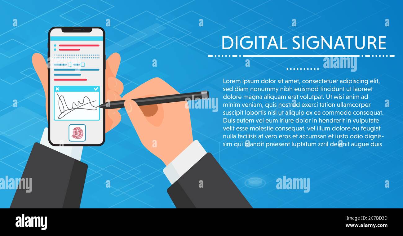 Uomo d'affari firma digitale firma su smartphone moderno. Tenere un telefono per la firma. Concetto vettoriale Illustrazione Vettoriale