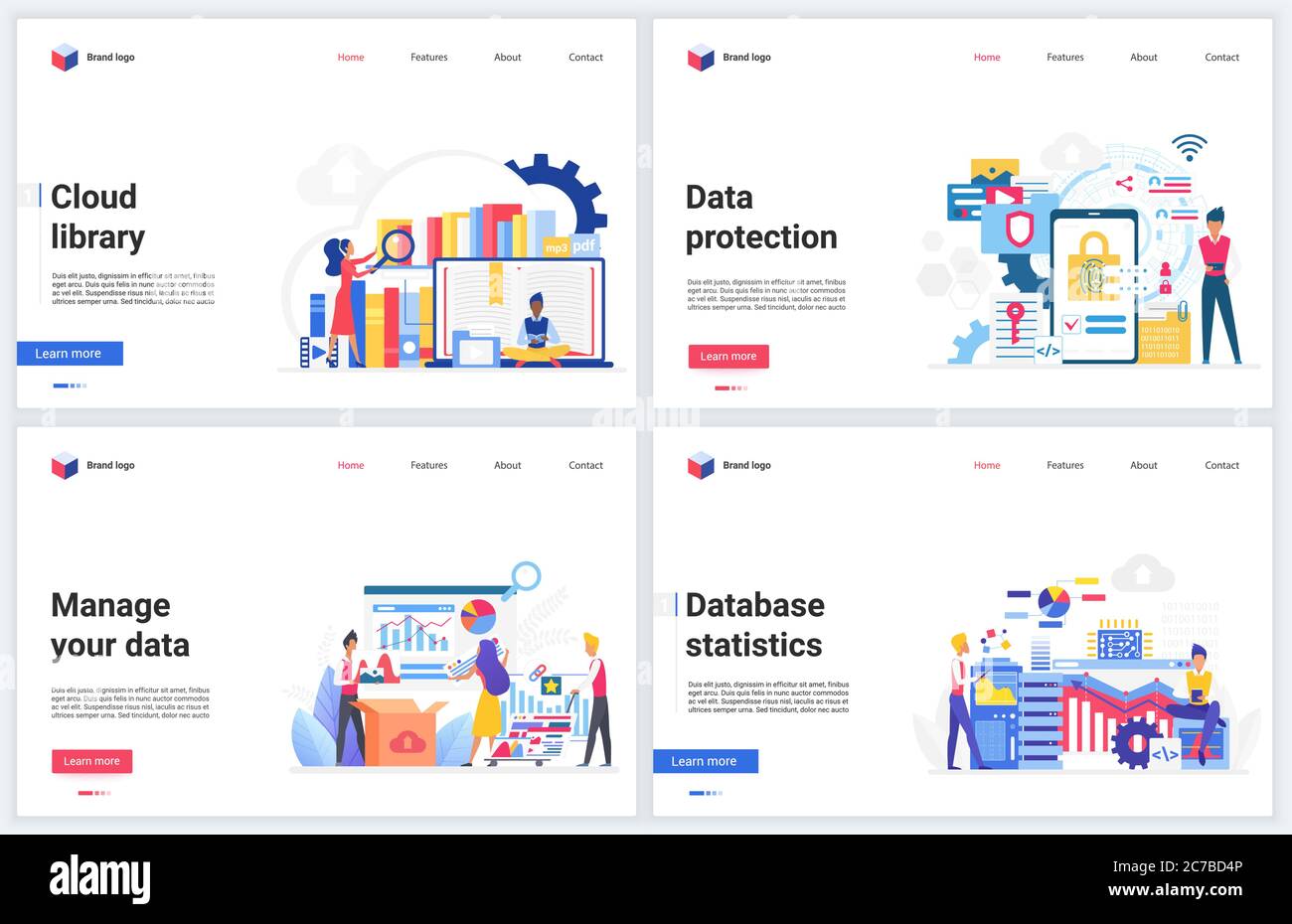 Gestione dei dati cloud nelle illustrazioni vettoriali delle librerie online. Sito web mobile di Cartoon flat concept interface per statistiche di database, gestione di cartelle o file di documenti digitali, servizio di archiviazione Illustrazione Vettoriale