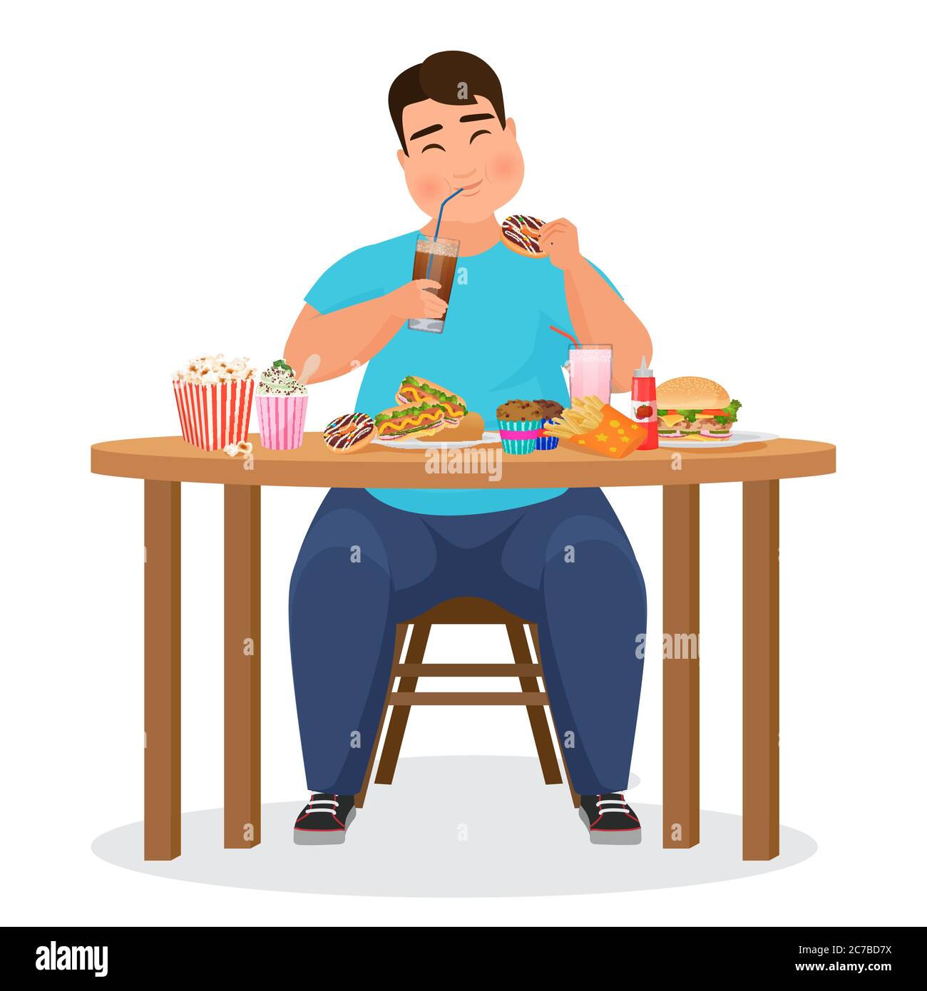 Divertente uomo obese grasso mangiare hamburger fast food. Illustrazione vettoriale Illustrazione Vettoriale