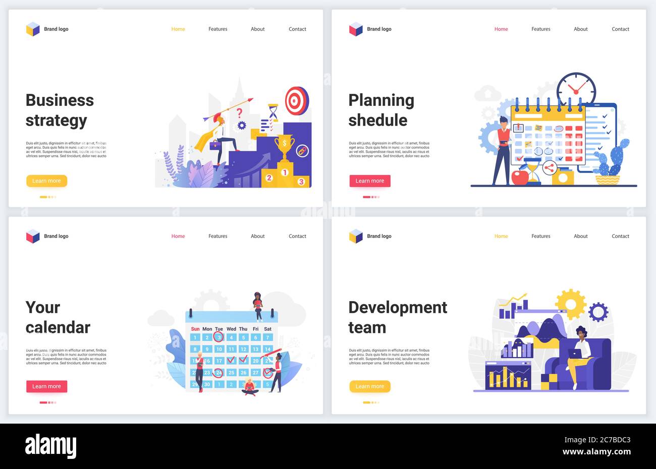 Strategia aziendale, illustrazioni vettoriali del piano di successo. Set di banner di concetto creativo, progettazione di siti web di interfaccia per raggiungere risultati di successo di business obiettivo attraverso la pianificazione, lavoro di squadra realizzazione Illustrazione Vettoriale