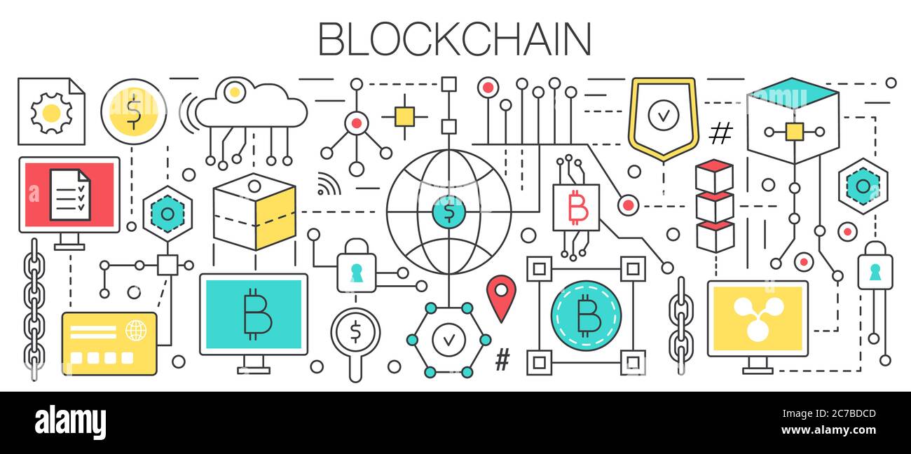 Modello di concetto Blockchain disegno vettoriale a linea piatta. Tecnologia di pagamento di finanza bancaria che utilizza criptovaluta bitcoins Illustrazione Vettoriale