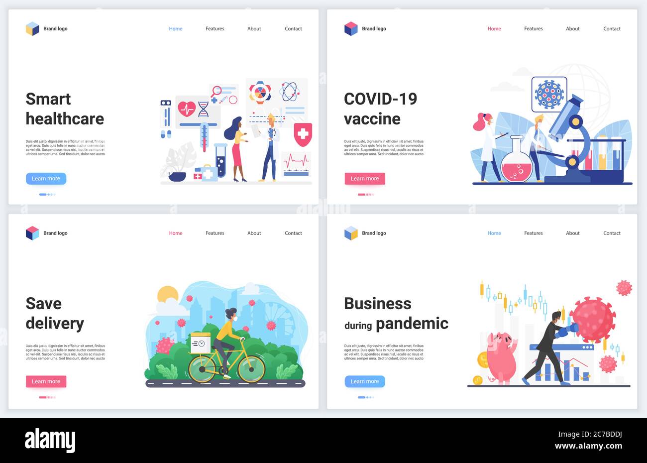 Servizi online senza contatto durante le illustrazioni vettoriali dei concetti di quarantena. Cartoon flat banner set, interfaccia sito web design con business o assistenza sanitaria, sviluppo di vaccini Illustrazione Vettoriale