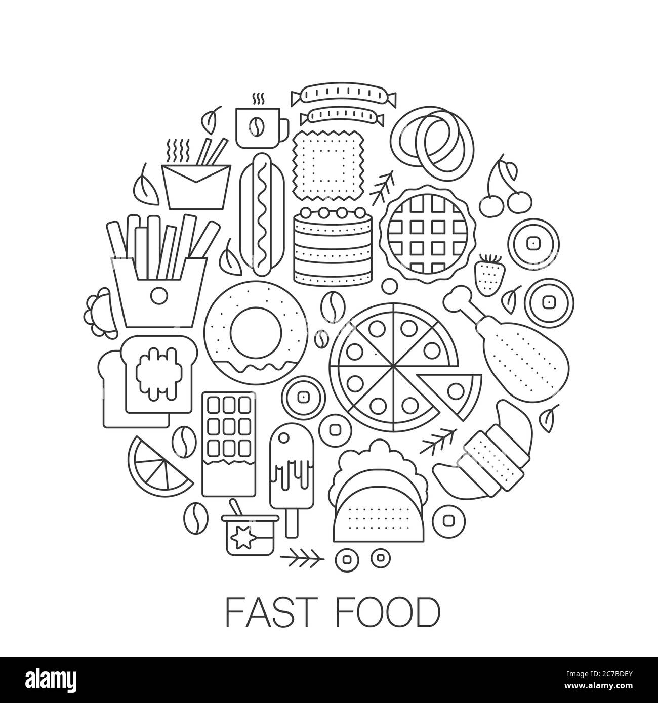 Fast food in circle - illustrazione della linea di concetto per copertina, emblema, badge. Gustosi fast food icone di tratti sottili. Illustrazione Vettoriale