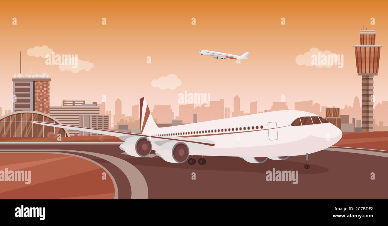 Terminal dell'aeroporto con decollo di aerei. Panorama aeroporto vettoriale monocromatico a colori Illustrazione Vettoriale