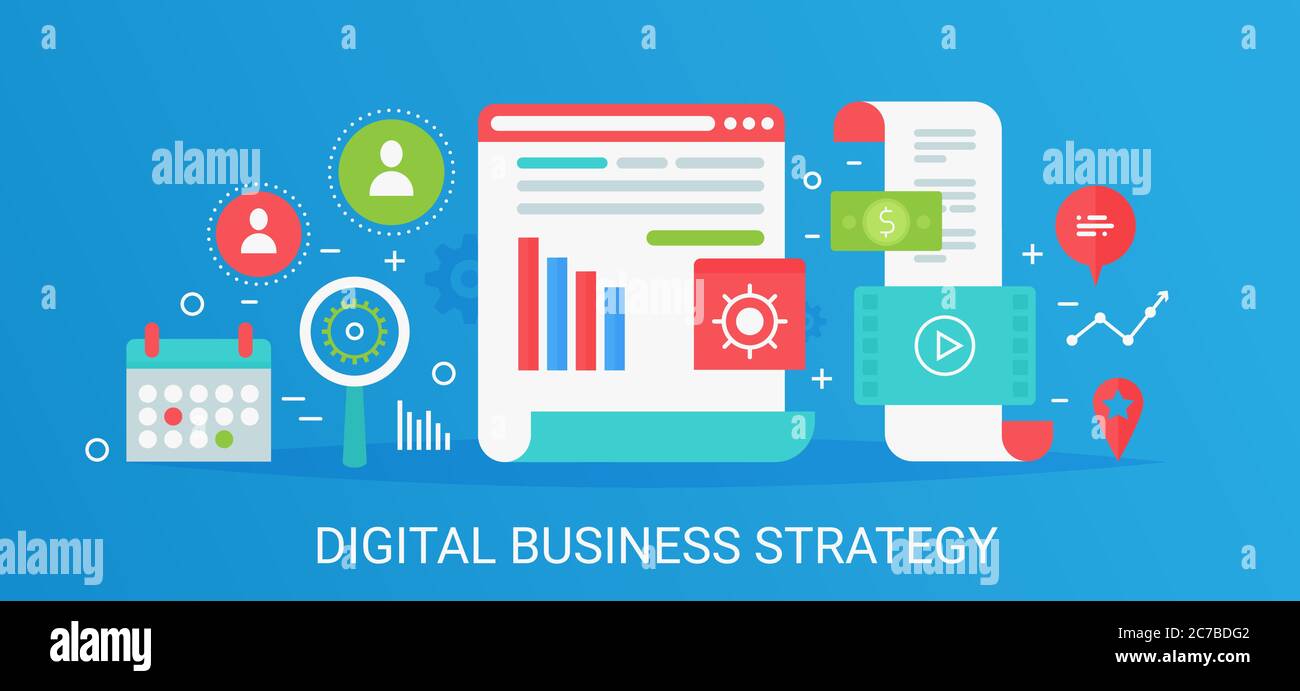 Banner di strategia aziendale digitale Flat Modern Vector Concept con icone e testo Illustrazione Vettoriale Banner di strategia aziendale digitale Flat Modern Vector Concept con icone e testo Illustrazione Vettoriale