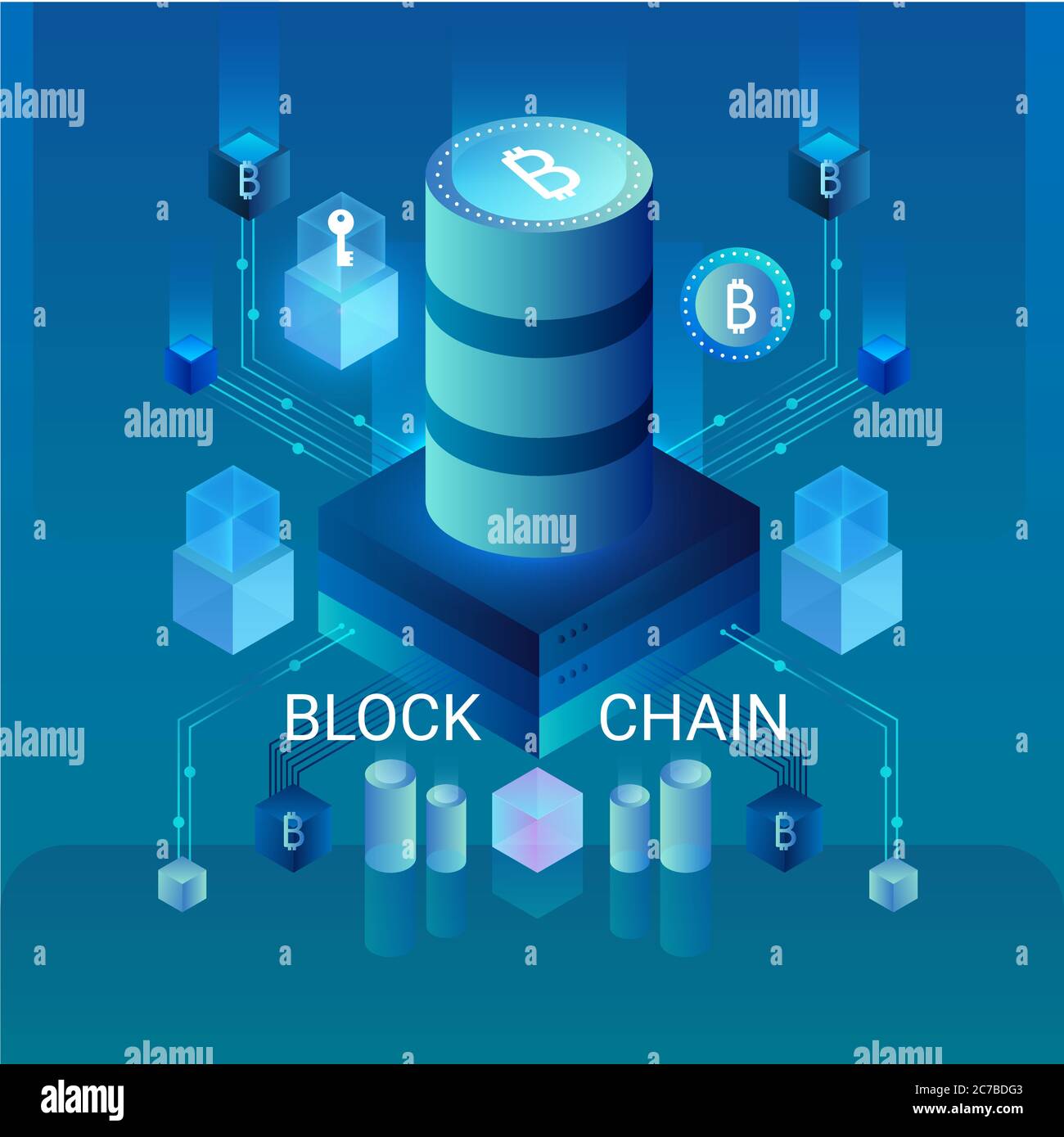 Concetto di criptovaluta e blockchain, centro dati, illustrazione vettoriale isometrica dello storage dei dati cloud. Web design, banner di presentazione Illustrazione Vettoriale