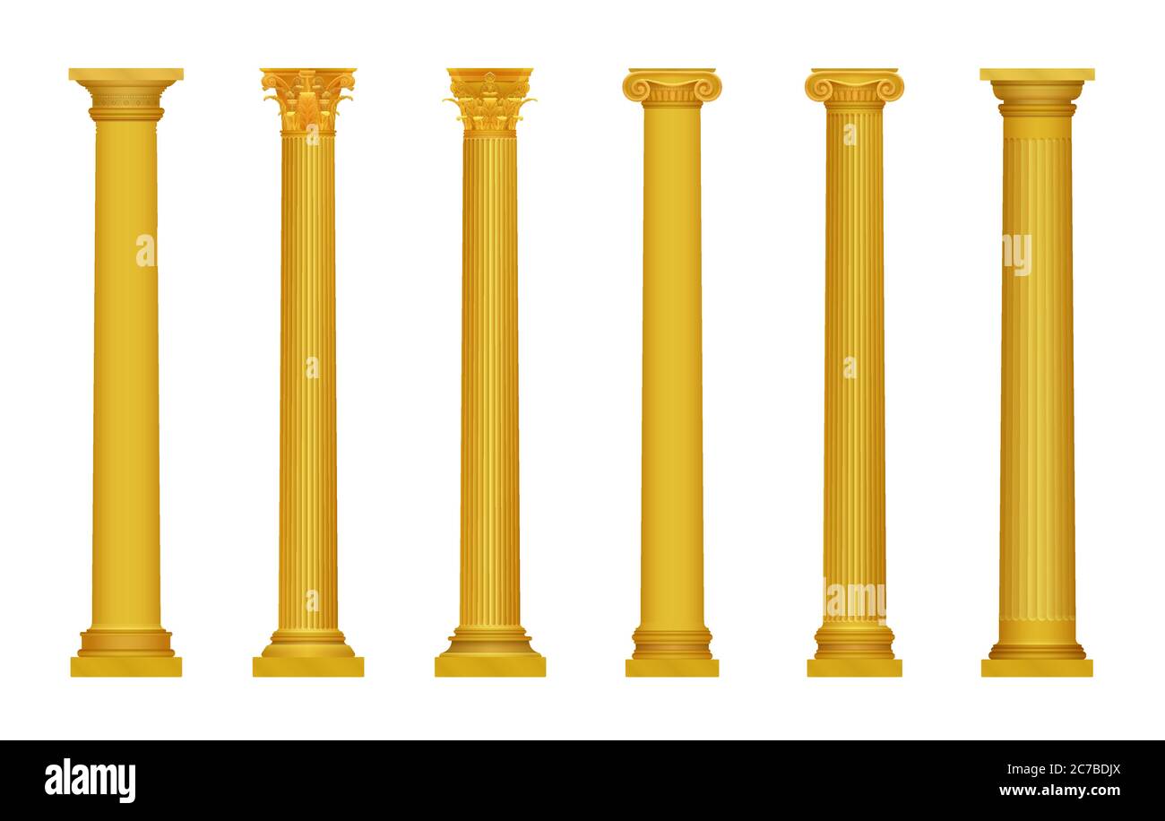 Illustrazione vettoriale di oro realistico alto dettaglio greco roma antiche colonne. Colonna oro di lusso Illustrazione Vettoriale