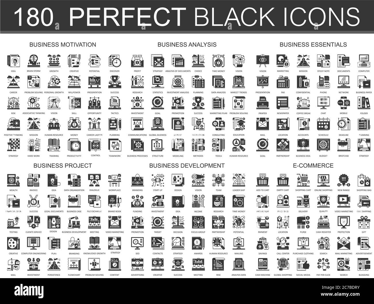 180 ottimizzazione seo, motivazione aziendale, analisi aziendale, elementi essenziali per le aziende, progetto aziendale, sviluppo startup, mini icone di concetto nero classico e di e-commerce e set di simboli infografici Illustrazione Vettoriale