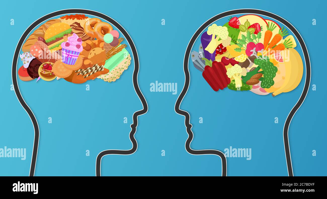 Cibo spazzatura malsano e dieta sana a confronto. Food cervello concetto moderno Illustrazione Vettoriale