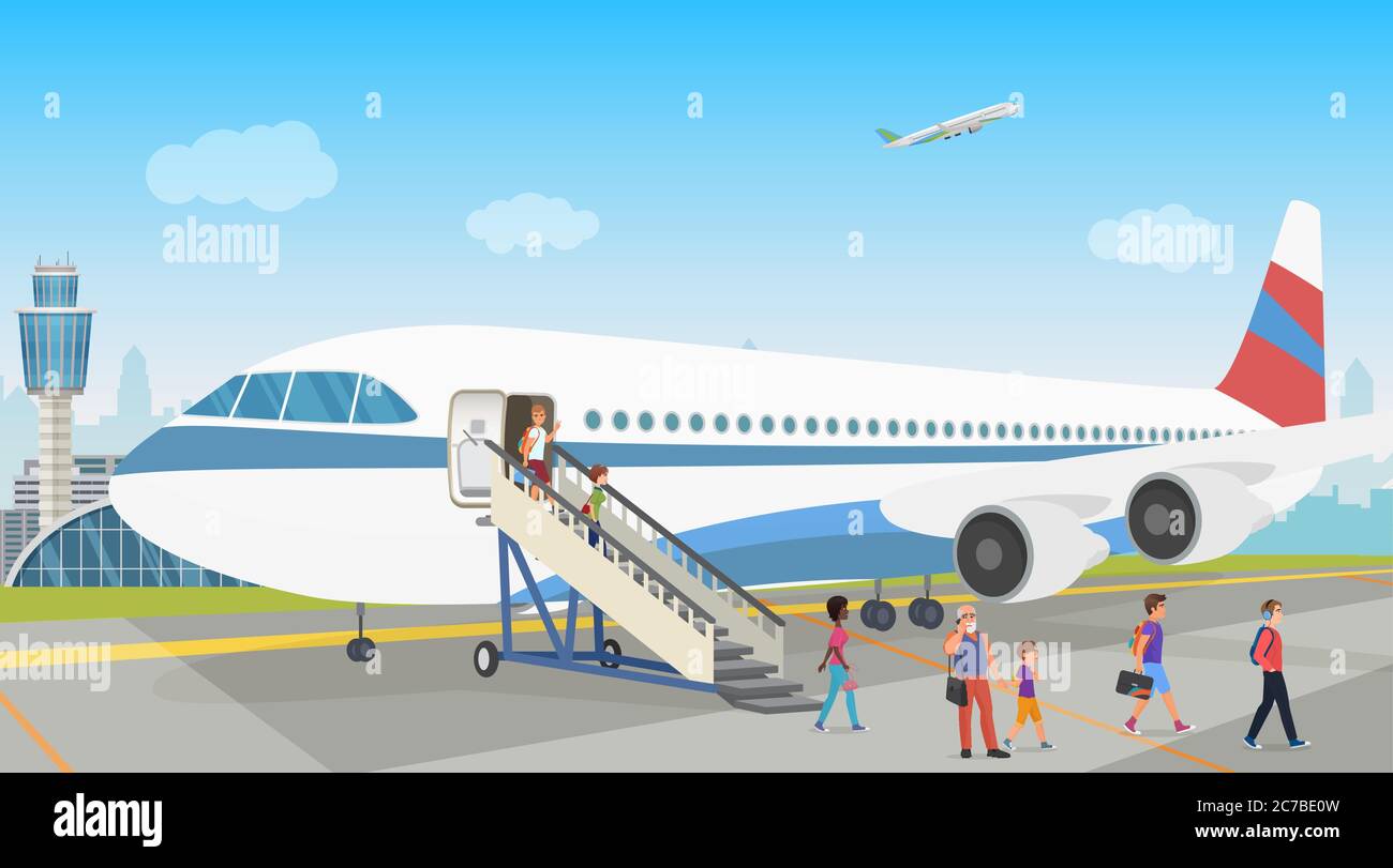 Persone che atterrano da un aereo in aeroporto. Sbarco Illustrazione Vettoriale