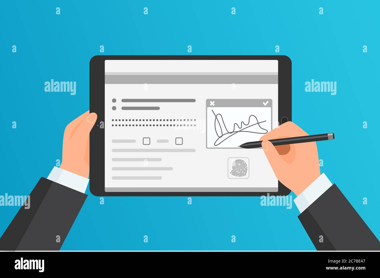 Uomo d'affari firma digitale firma su tablet moderno. Concetto vettoriale Illustrazione Vettoriale