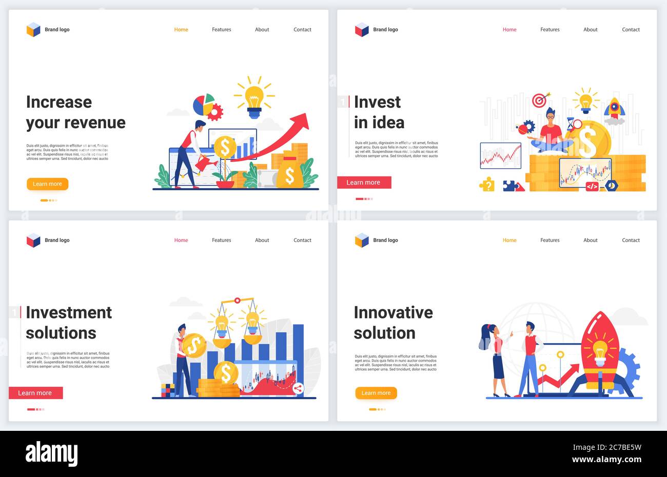 Investite in illustrazioni vettoriali innovative e creative di idee aziendali. Set di banner piatti Cartoon, progettazione di siti web con soluzione di successo dell'investimento, innovazione delle startup, sviluppo di consulenza Illustrazione Vettoriale Investite in illustrazioni vettoriali innovative e creative di idee aziendali. Set di banner piatti Cartoon, progettazione di siti web con soluzione di successo dell'investimento, innovazione delle startup, sviluppo di consulenza Illustrazione Vettoriale