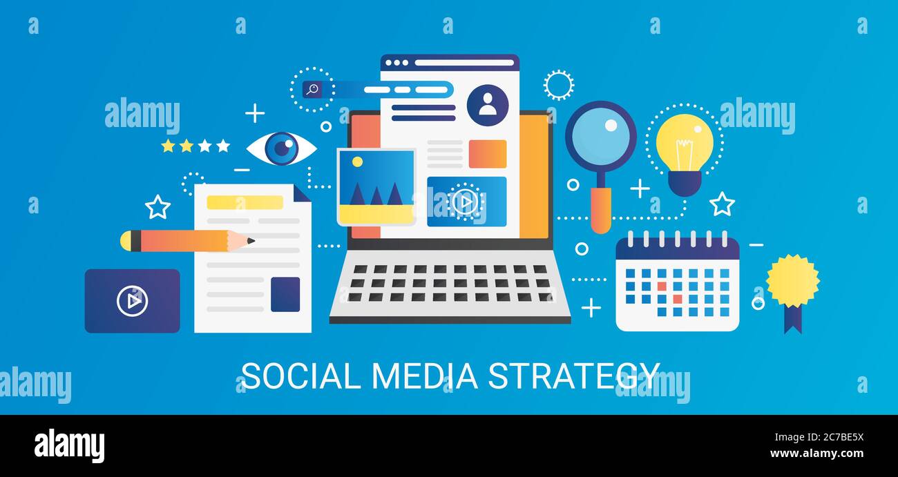 Banner moderno vettoriale a gradiente piatto strategia per i social media con icone e testo Illustrazione Vettoriale