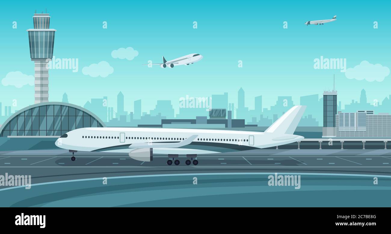 Terminal dell'aeroporto con decollo di aerei. Panorama aeroporto vettoriale monocromatico a colori Illustrazione Vettoriale