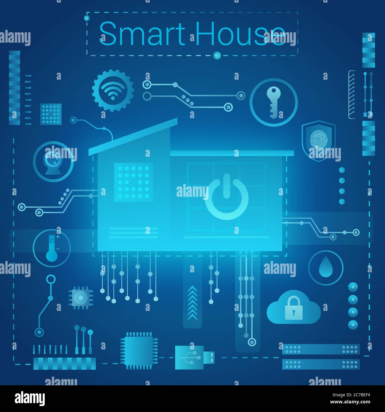Concetto di casa intelligente vettoriale. Smart home in microchip percorsi futuristici sfondo. Tecnologia dell'Internet delle cose Illustrazione Vettoriale